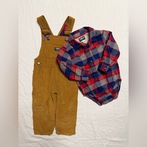 OshKosh B'gosh Brown Corduroy Overalls with Plaid Shirt